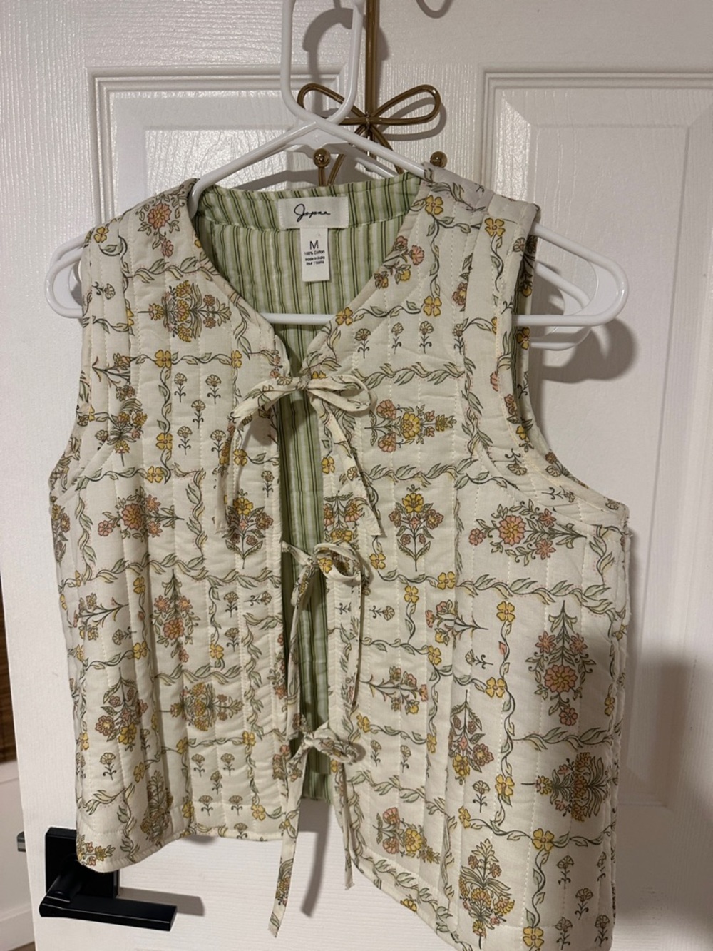 Cream Quilted Floral Tie-Front Vest with Green Stripe Lining